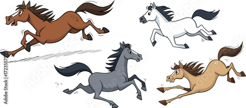 Cartoon horses running in motion, colorful animal illustration, dynamic horse poses, playful equine characters, expressive design, galloping scene, wild nature theme, horse artwork