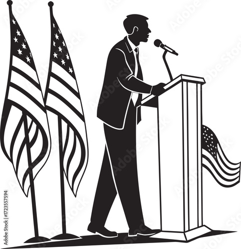 Man speaking at podium with American flags microphone