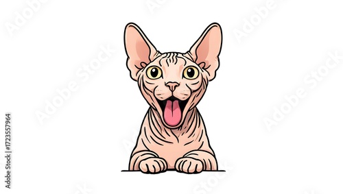 A portrait illustration of a (Sphynx) sticking out tongue and panting, isolated on white background