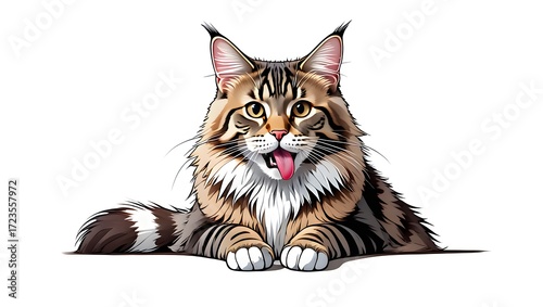 A portrait illustration of a (Maine Coon) sticking out tongue and panting, isolated on white background, 