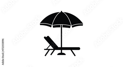 Beach chair and umbrella rest in a simple dark silhouette