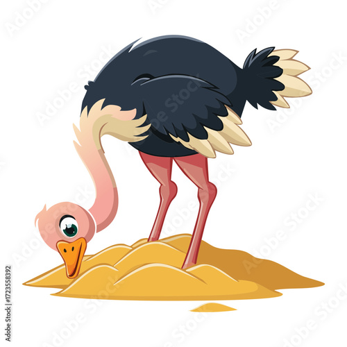 Cartoon Ostrich Lowering its Long Neck to Peck at the Ground in the Sandy Desert Environment for Foraging	