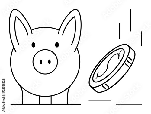 Piggy bank with coin in motion highlights saving money, budgeting, finance management, wealth, investment, children s savings, and economic planning. Ideal for finance-related concepts, simple flat