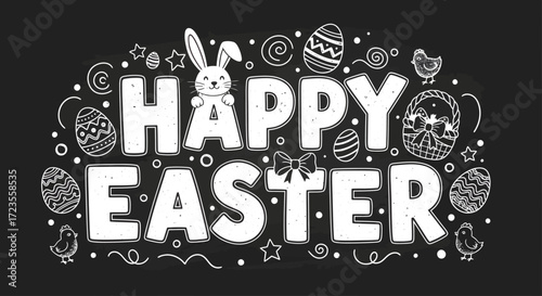 Happy Easter greeting with a cute bunny, decorated eggs, and chicks in a white chalk doodle style on a black chalkboard background.