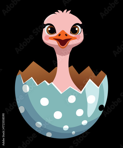 An adorable cartoon emu chick has just hatched from a blue polka-dot egg, peeking out with wide, curious eyes against a minimalist dark background, birth of a new life	