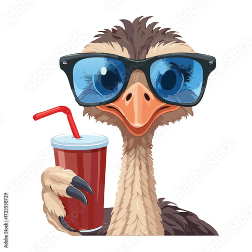 A close-up portrait of a cool cartoon emu face, wearing oversized dark sunglasses and holding a refreshing red drink with a straw, ready for the summer sun	