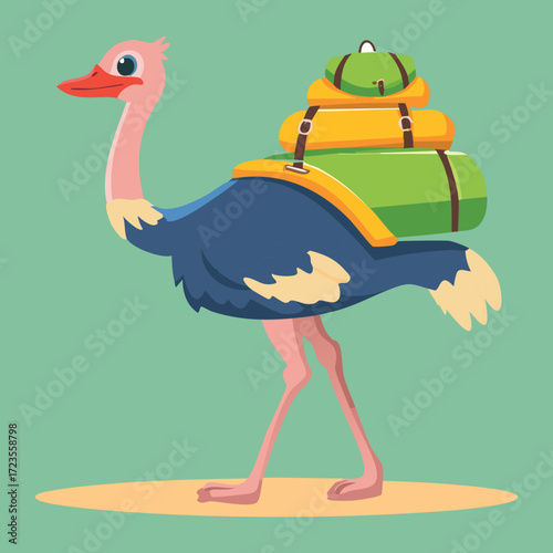 This jolly cartoon emu is fully equipped for a hike, carrying a large green backpack and sleeping roll while walking across a soft, green outdoor background	