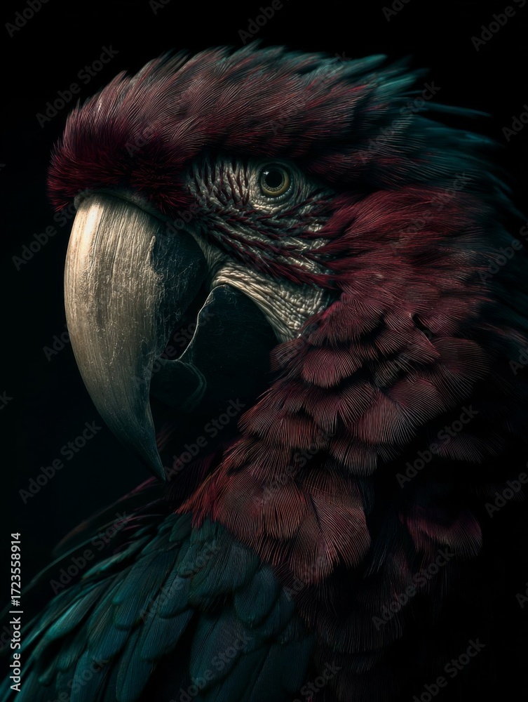 Fototapeta premium A striking close-up portrait of a colorful parrot with vibrant red and blue feathers