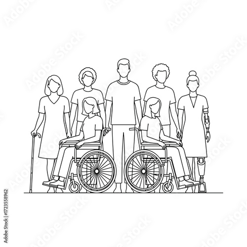 Group of diverse people with disabilities in outline style  
