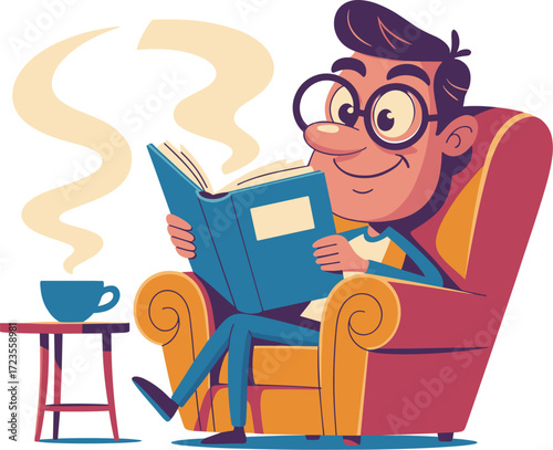 Cartoon person reading book in armchair, cozy indoor illustration, relaxing leisure moment, warm beverage scene, peaceful character design, comfortable lifestyle concept