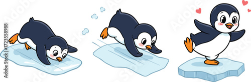 Cartoon penguin sliding and standing on ice, cheerful animal character illustration, playful winter scene, joyful motion concept, cute wildlife design, fun behavior theme
