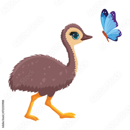 An innocent and cute cartoon emu chick with fuzzy brown plumage gazes curiously at a small, blue butterfly perched nearby, capturing a moment of childlike wonder	