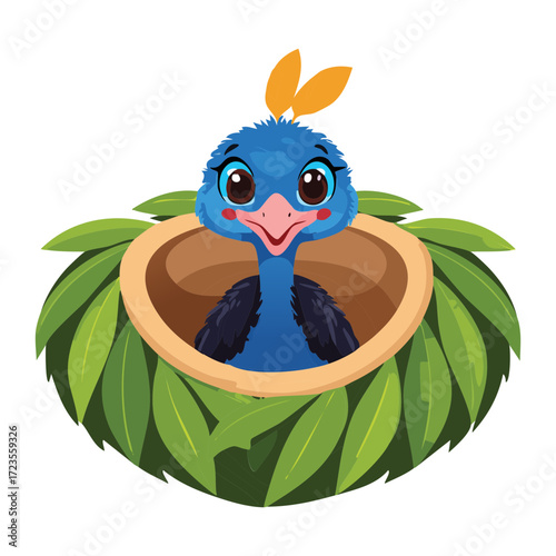 A delightful cartoon cassowary chick gazes upward with wide eyes while nestled snugly in a round, leafy green nest, perfect for nature and baby themes	