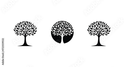 Three trees displayed in a simplistic black and white design silhouette