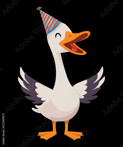 Energetic white goose or gander wearing a pointy party hat, spreading its wings and shouting excitedly on a black background	