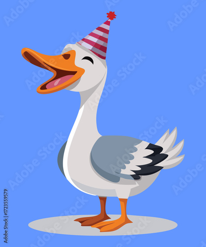 Funny goose or gander wearing a colorful little birthday hat with confetti, cheering excitedly on a blue background	