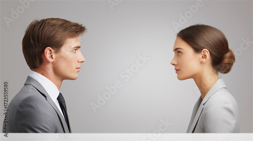 Man and woman in formal suits facing each other, symbolizing negotiation, leadership and professionalism, with authentic business detail and neutral copy space.