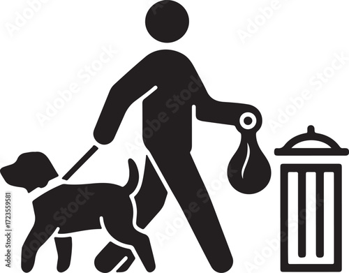Black and White Icon of Person Walking Dog and Disposing Pet Waste Responsibly