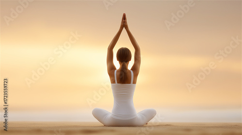 Woman practicing yoga on sandy beach at sunrise, symbolizing balance, wellness and mindfulness, with authentic calm atmosphere and open copy space.