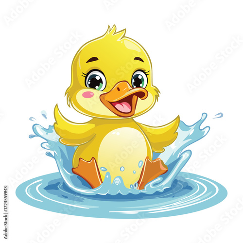 Very happy little baby duckling with wide open eyes gleefully splashing in a puddle of fresh clear water on a white background	