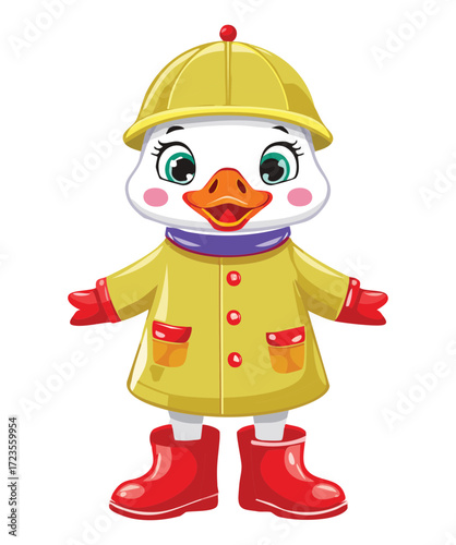 Determined goose or duck wearing a yellow construction hard hat and a red coat with pink wellington boots ready to work	