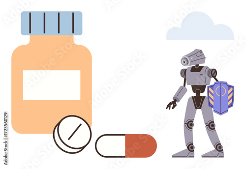Robot holding shield near medication bottle, tablet, capsule, and cloud. Ideal for healthcare, AI in medicine, robotics, digital health protection innovation biotechnology. Simple flat metaphor