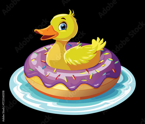 Cute yellow duckling floating happily on a purple glazed donut inflatable ring in a sparkling, clear summer pool	