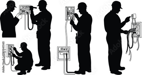 Electrician silhouette illustration, electrical panel work, wiring tools vector, safety gear, technical job, maintenance pose, power system, black figure, indoor setup