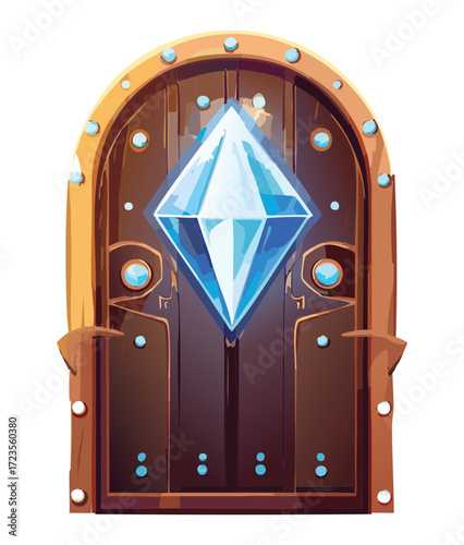 Arched wooden fantasy door with a blue diamond, representing a valuable portal to a new world