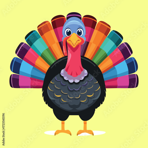 Striking cartoon turkey with a rainbow-colored tail fan against a bright yellow background, representing diversity and color	