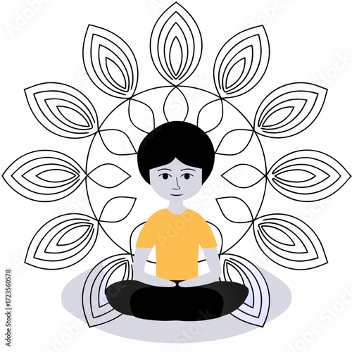  Flat illustration child doing yoga in lotus pose vector graphic illustration