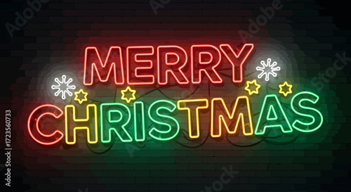 A festive neon sign with twinkling lights spelling out 'Merry Christmas' in red and green colors against a dark background.