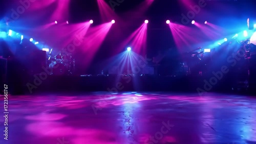 Lit stage, band blurred, venue dark; concert backdrop