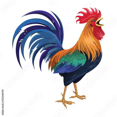 Magnificent cartoon rooster standing on a patch of grass, crowing loudly with its vibrant, fanned-out tail feathers	