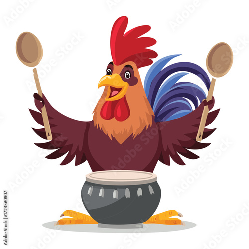 Vibrant cartoon rooster musician with a red comb, enthusiastically beating a drum with large wooden cooking spoons	