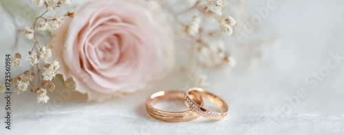 The Wedding Rings Resting Beside a Blush Rose and Delicate Baby's Breath Bouquet