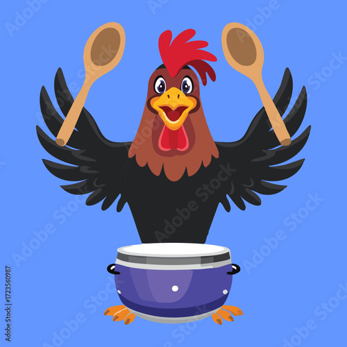 Excited cartoon rooster musician with wooden spoons, ready to beat a loud rhythm on a shiny, reflective metal pot	
