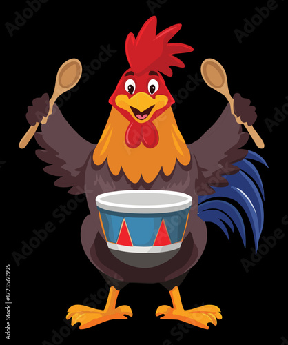 Energetic cartoon rooster playing a drum with wooden spoons, expressing his loud, joyful passion for music	
