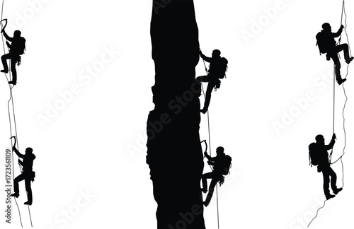 Rock climber silhouette, climbing gear illustration, mountain ascent vector, rope harness, adventure sport, rugged terrain, vertical wall, outdoor challenge