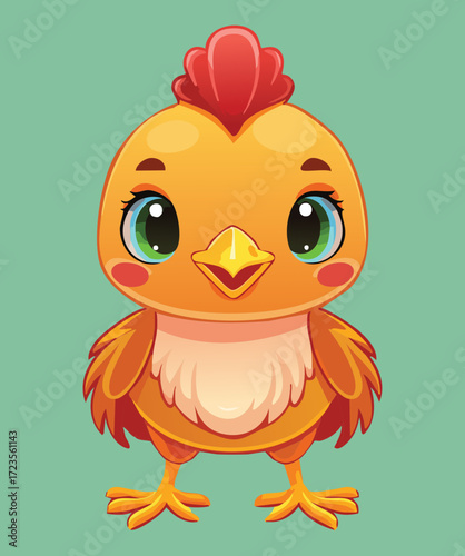 Cute, wide-eyed cartoon baby chicken mascot with bright yellow plumage and an innocent, curious expression	