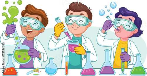 Cartoon scientists performing chemistry experiments, colorful lab scene illustration, playful science concept, educational character design, laboratory safety theme, creative STEM artwork