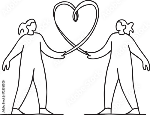 Abstract Line Illustration of Two Figures Connected by Heart Thread Symbolizing Emotional Bond
