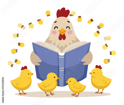 Happy cartoon hen reading a storybook to her enthusiastic chicks, illuminated by a string of decorative, glowing lights	