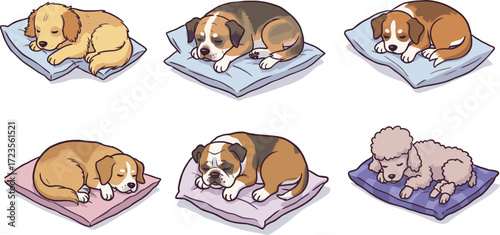 Canvas Print Cartoon sleeping dogs on blankets, peaceful pet illustration, curled-up animal p