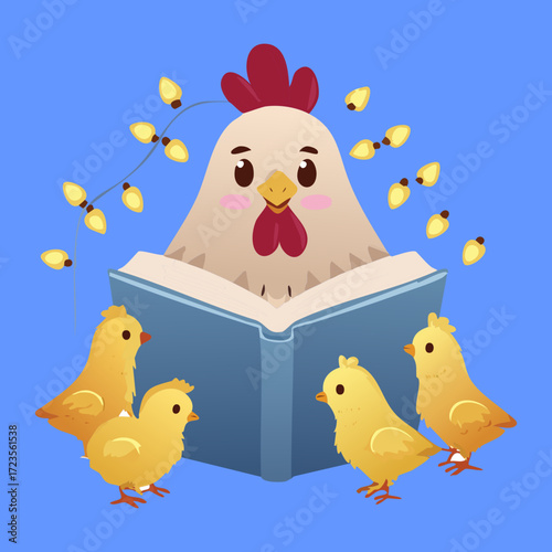 Cheerful cartoon mother hen wearing a lightbulb garland, reading a book aloud to her attentive baby chicks on a blue background	