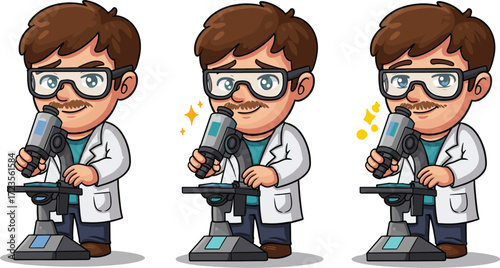 Cartoon scientists with microscopes, research character illustration, scientific discovery concept, lab coat figure, cheerful researcher, science theme, experiment art, academic scene