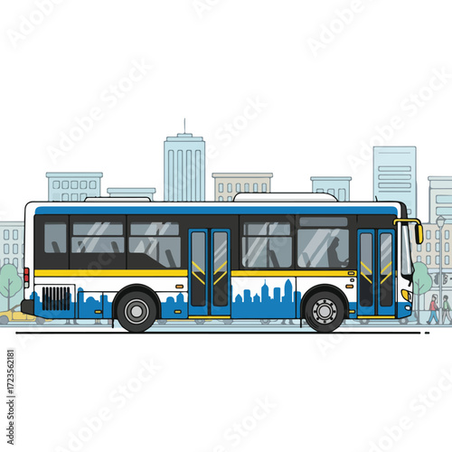 City bus illustration, side view, urban backdrop.