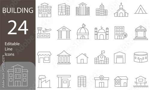 Building Editable Line Icons Set. House Linear Icons, school, hotel, shop, university, hospital, church, mosque, factory, Including city, office, house, skyscraper, bank, and more. Vector illustration
