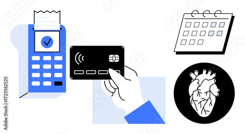 Hand holding card near payment terminal, calendar, and heart graphic. Ideal for payment systems, efficiency, technology, scheduling, health reminder, innovation simple flat metaphor