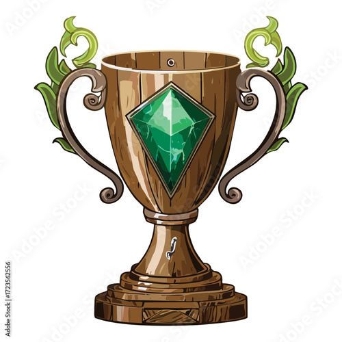 Ornate wooden trophy with a large emerald, for concepts of winning, excellence, and valuable achievement